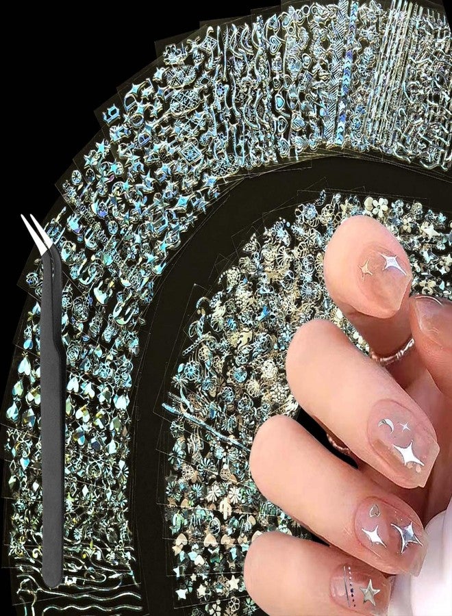 Maigitur 3000Pcs 60 Sheets Silver Nail Art Stickers Silver Aurora Nail Stickers Decals 3D Self-Adhesive Star Flower Nail Decals for Women Girls Salon Home DIY Manicure Nail with Tweezers Included… - Image 1